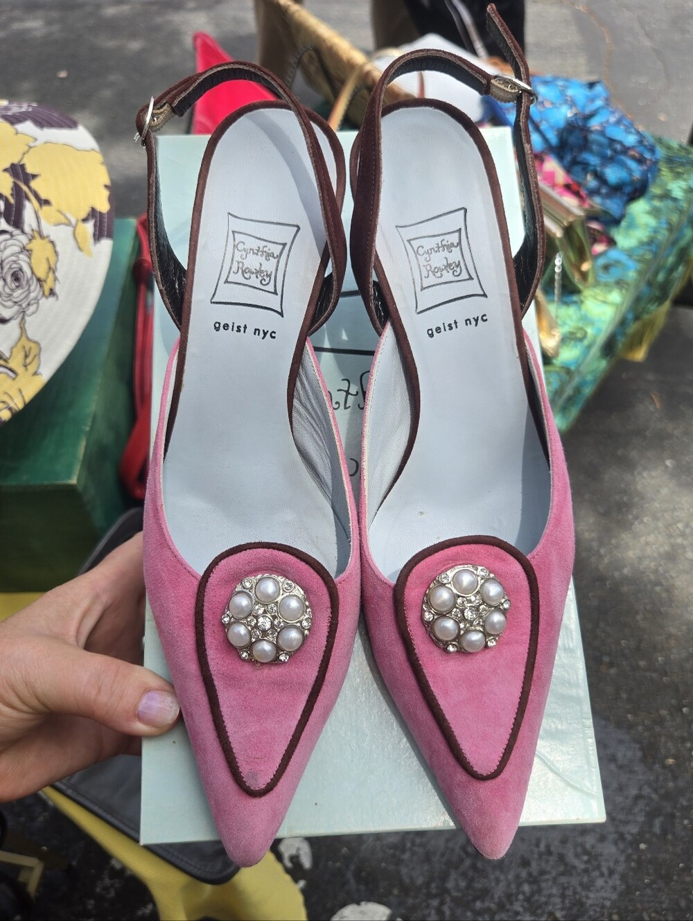 Cynthia Rowley Pink Suede Pearl-Embellished Slingback Pumps 8B Tostada